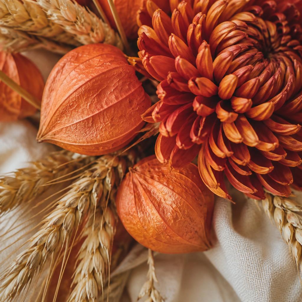 Close-up van amberkleurige chrysanten met oranje lampionplant en tarwe
