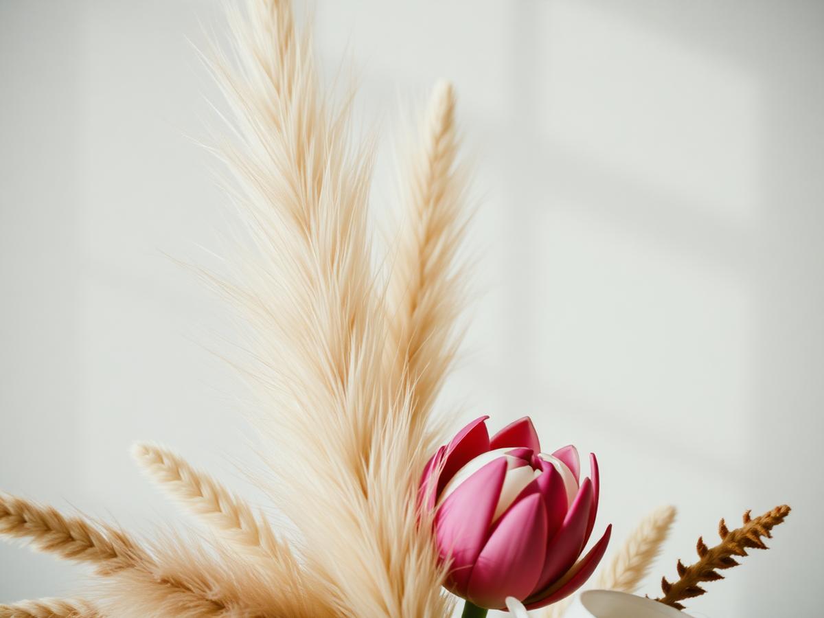 Close-up van gedroogd pampasgras met roze protea