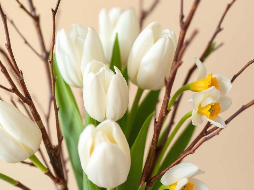 Close-up van witte tulpen en narcissen met berkentakken
