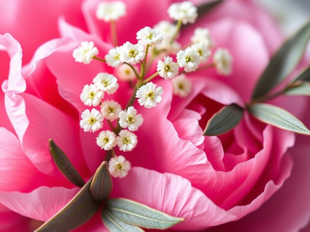 Close-up van roze pioenrozen met witte zeeuws knoopje en olijfblad