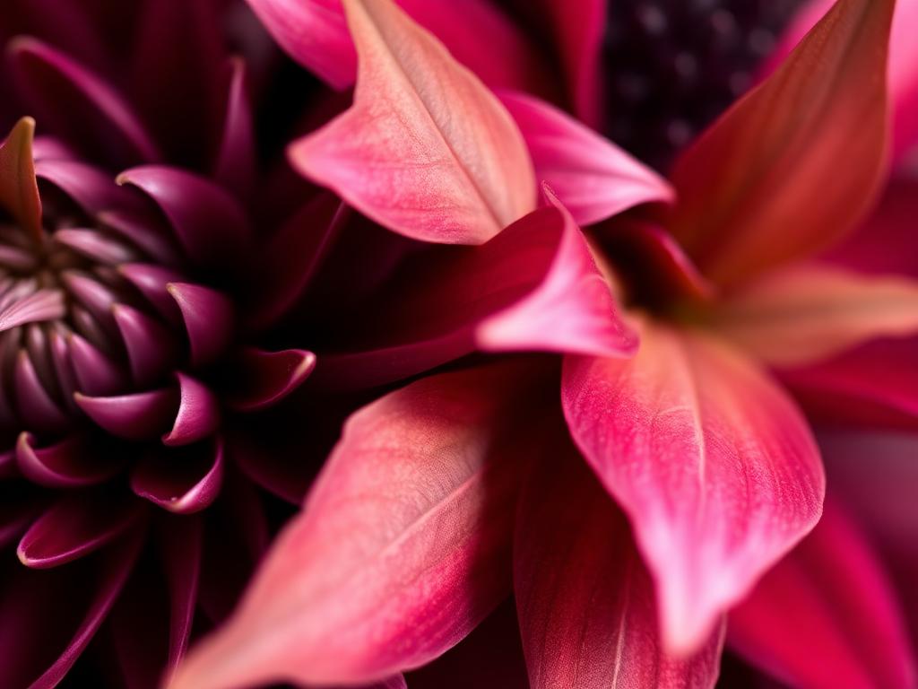 Close-up van bordeauxrode dahlia's met koperkleurig beukenblad