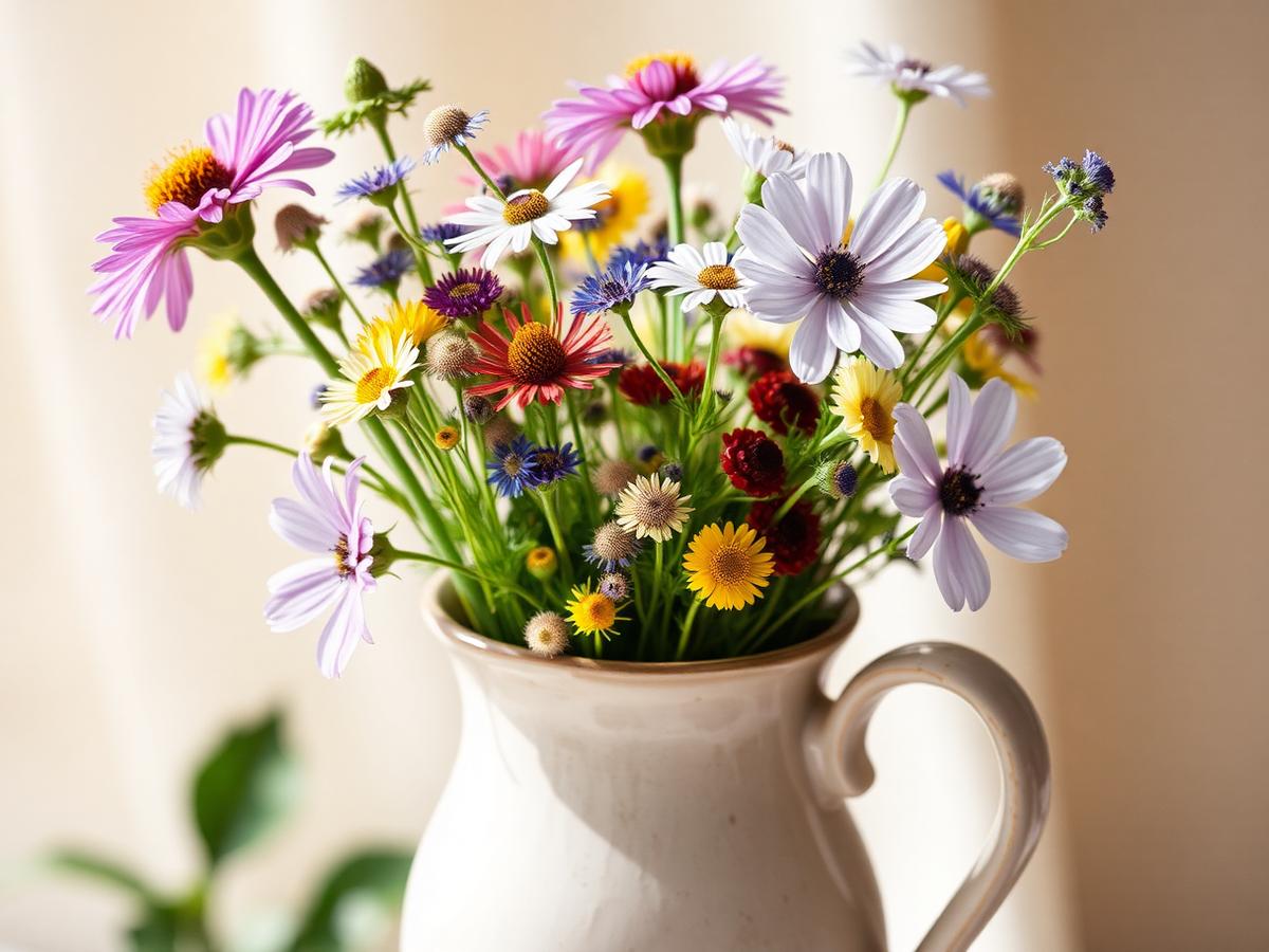 Close-up van wilde veldbloemen in een keramieken kan