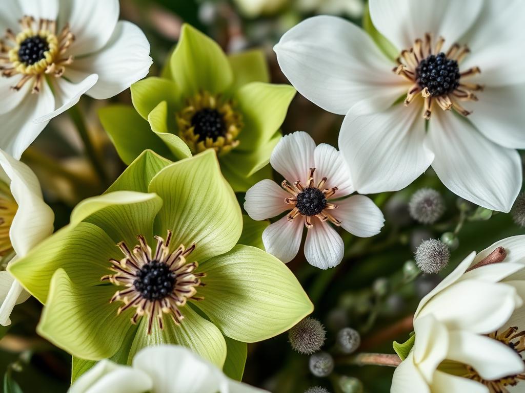Close-up van groene kerstrozen en witte anemonen met eucalyptus